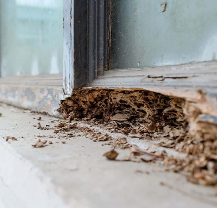 Termite damage at the base of a door frame in a Kingscliff home, showing structural timber deterioration