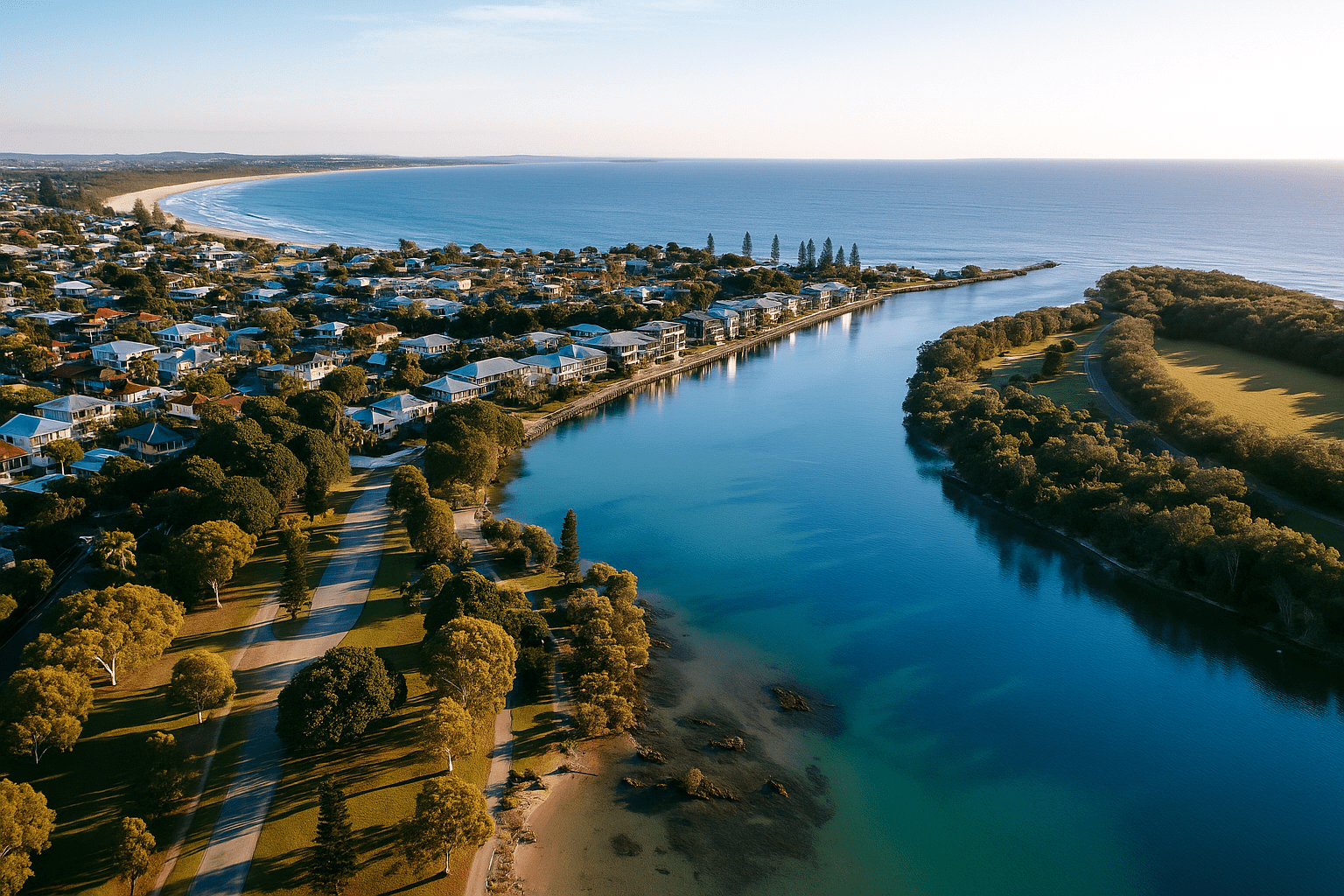 A high-resolution aerial view of Kingscliff, NSW, showing the vibrant coastal town bordered by a clear blue estuary and the Pacific Ocean. The image features residential houses, lush green parklands, and the scenic Kingscliff coastline, captured under golden afternoon light.