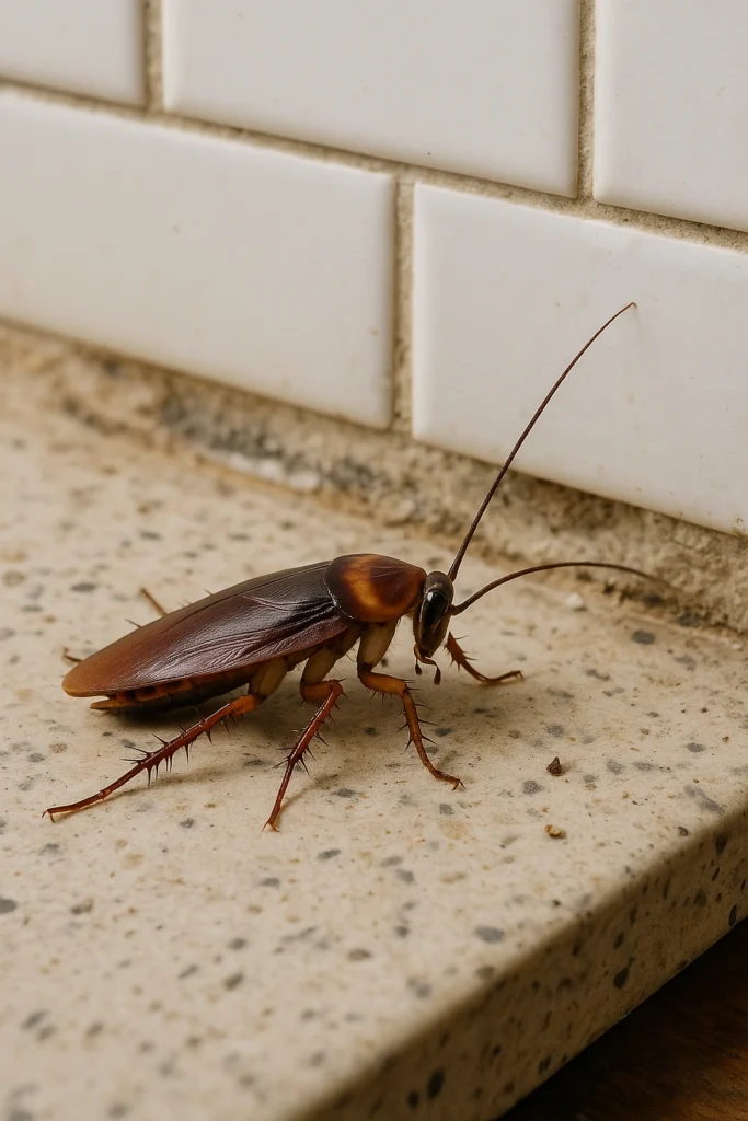 Large cockroach crawling on a kitchen countertop near tiles – Cockroach extermination services by Local Pest Co., servicing Kingscliff and Tweed Coast